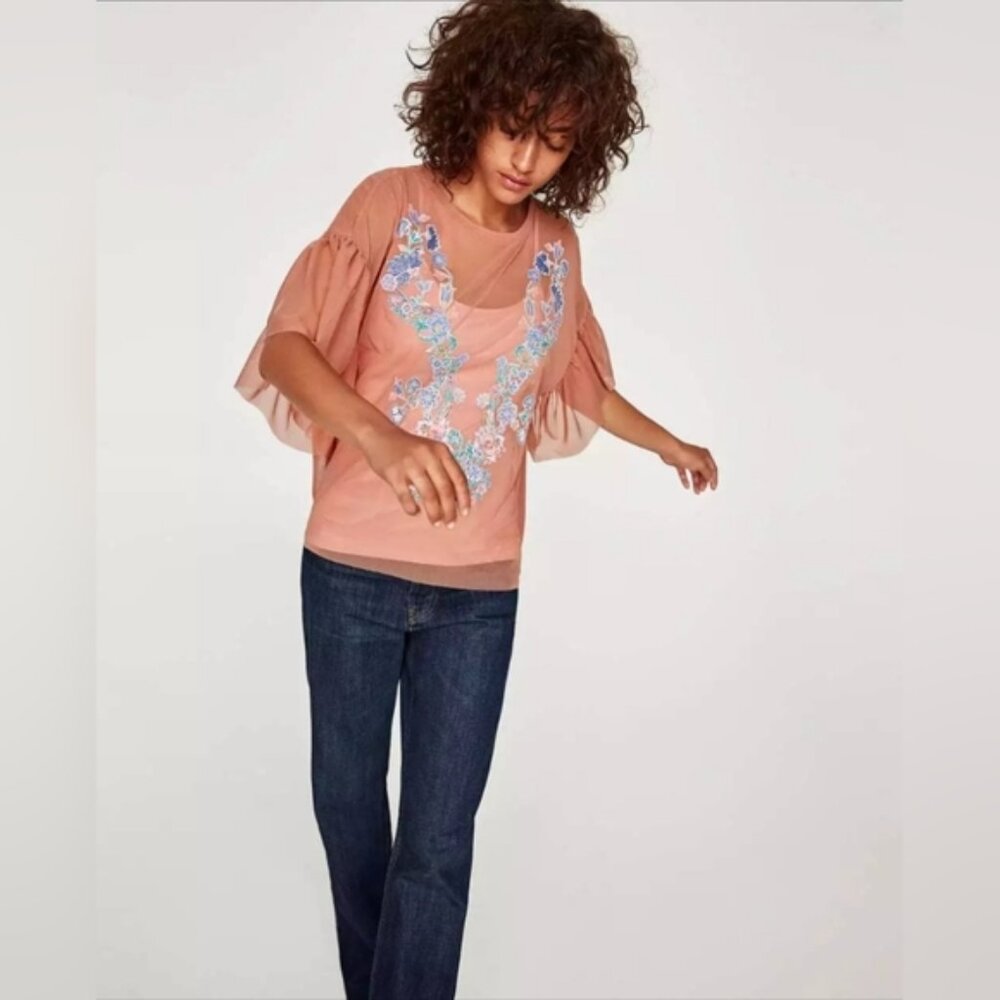 ZARA Ruffled Tulle Top Sheer Floral Embroidered Blouse Boho Flutter Summer